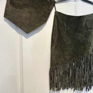 bebe Olive Fringe Midi Skirt